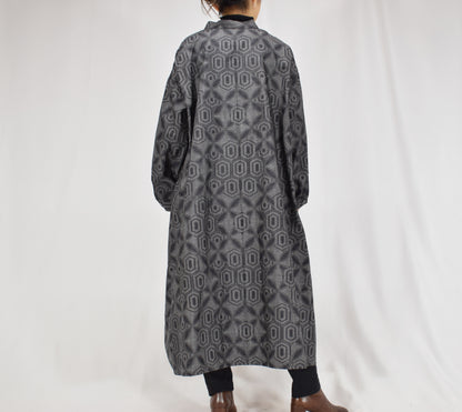 Long Shirt Dress, Gray Hexagonal Geometric Motif, Upcycled Kimono Fabric