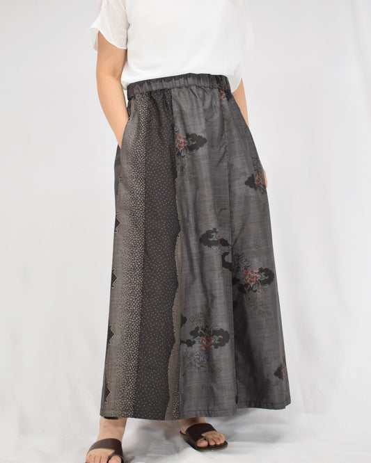 Six-Panel Skirt, Gray and Black Floral Motif, Upcycled Kimono Fabric