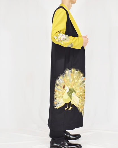 Belted Long Coat, Black and Yellow Peacock Motifs, Upcycled Kimono Fabric