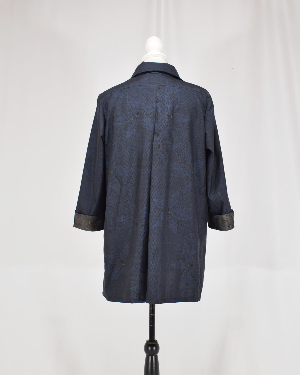 Open-Collar Tunic, Navy Botanical Motif, Upcycled Kimono Fabric