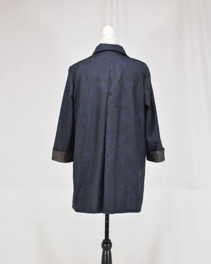 Open-Collar Tunic, Navy Botanical Motif, Upcycled Kimono Fabric