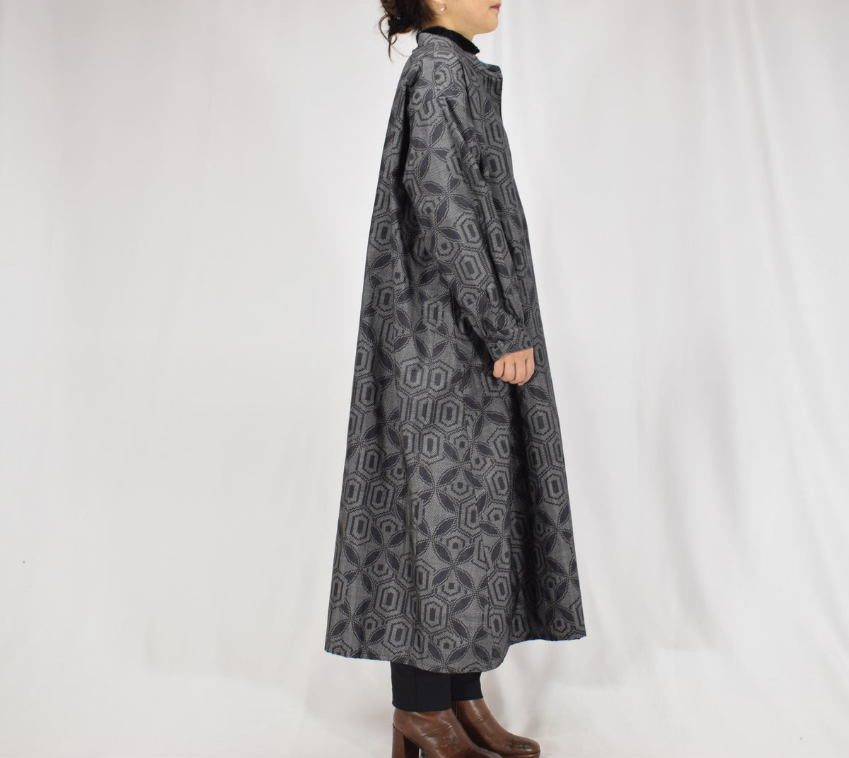 Long Shirt Dress, Gray Hexagonal Geometric Motif, Upcycled Kimono Fabric