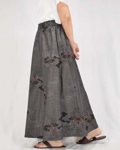 Six-Panel Skirt, Gray and Black Floral Motif, Upcycled Kimono Fabric