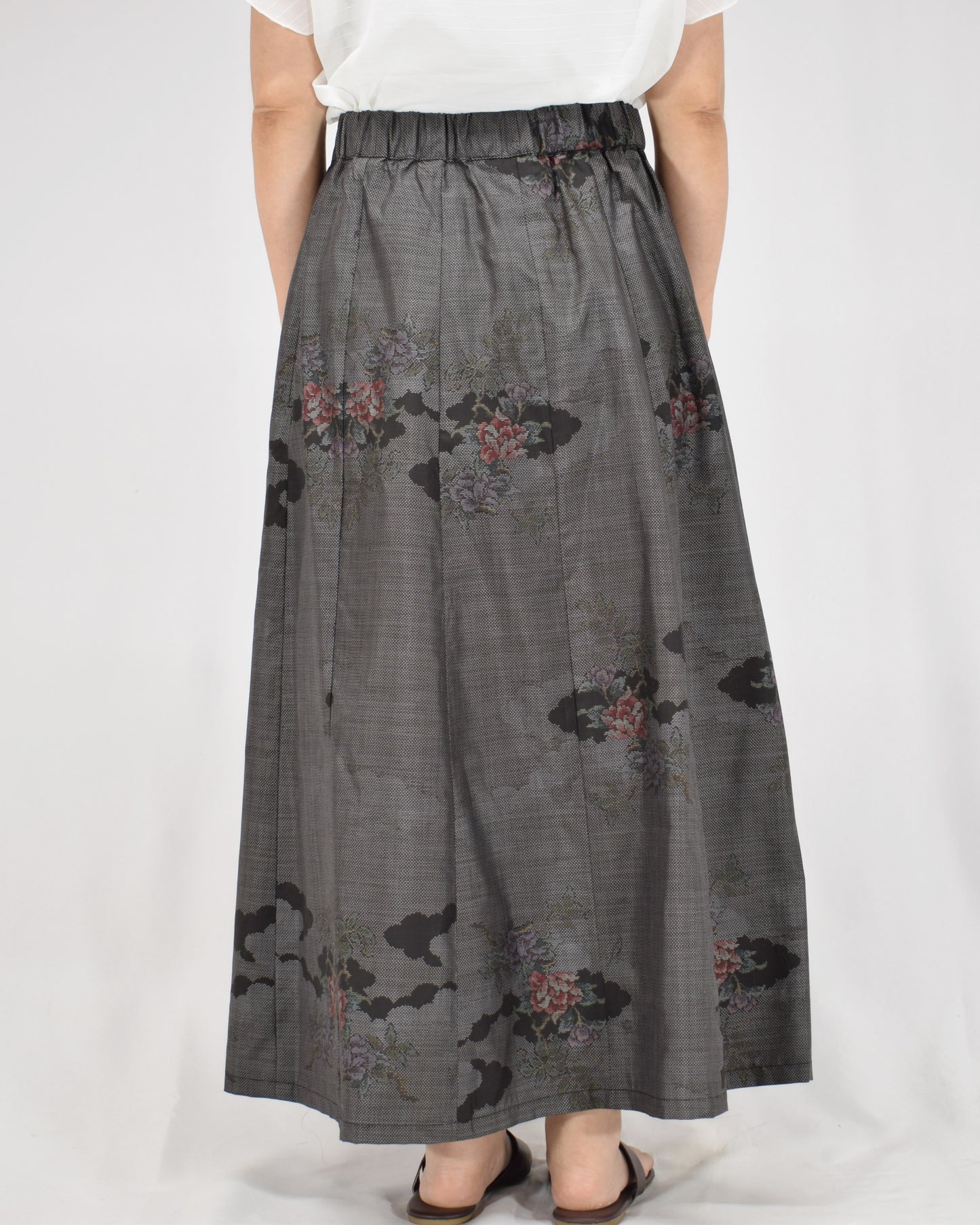 Six-Panel Skirt, Gray and Black Floral Motif, Upcycled Kimono Fabric