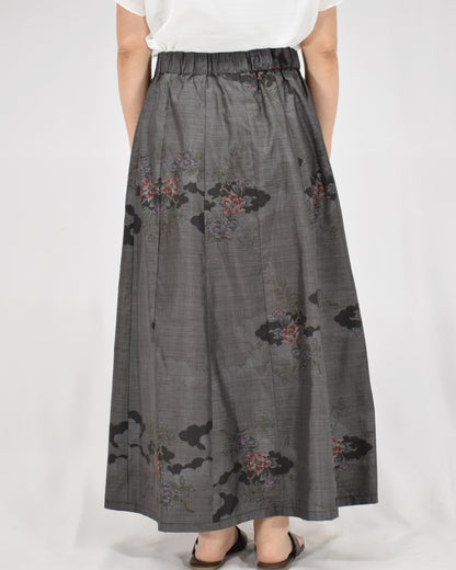 Six-Panel Skirt, Gray and Black Floral Motif, Upcycled Kimono Fabric