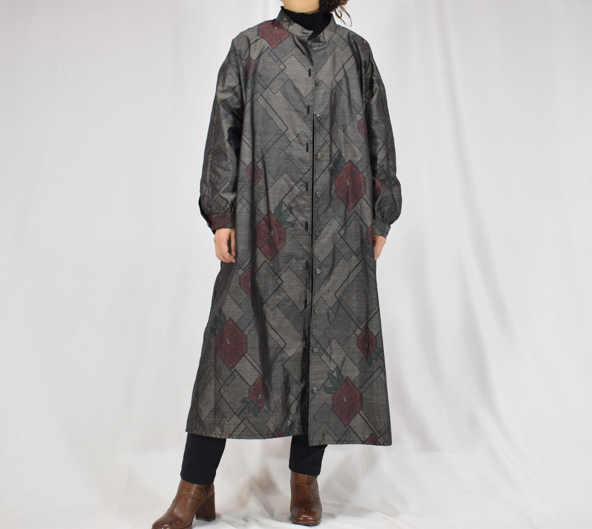 グレー 菱形と幾何学文様 ロングシャツワンピース 着物リメイク 一点物