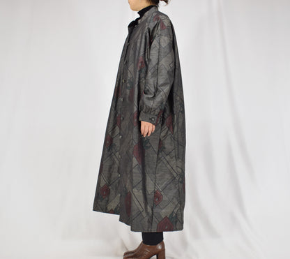グレー 菱形と幾何学文様 ロングシャツワンピース 着物リメイク 一点物