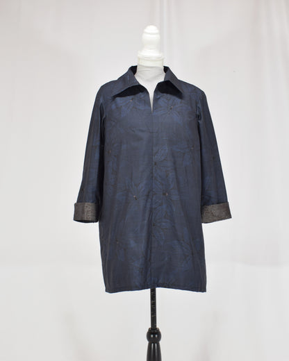 Open-Collar Tunic, Navy Botanical Motif, Upcycled Kimono Fabric