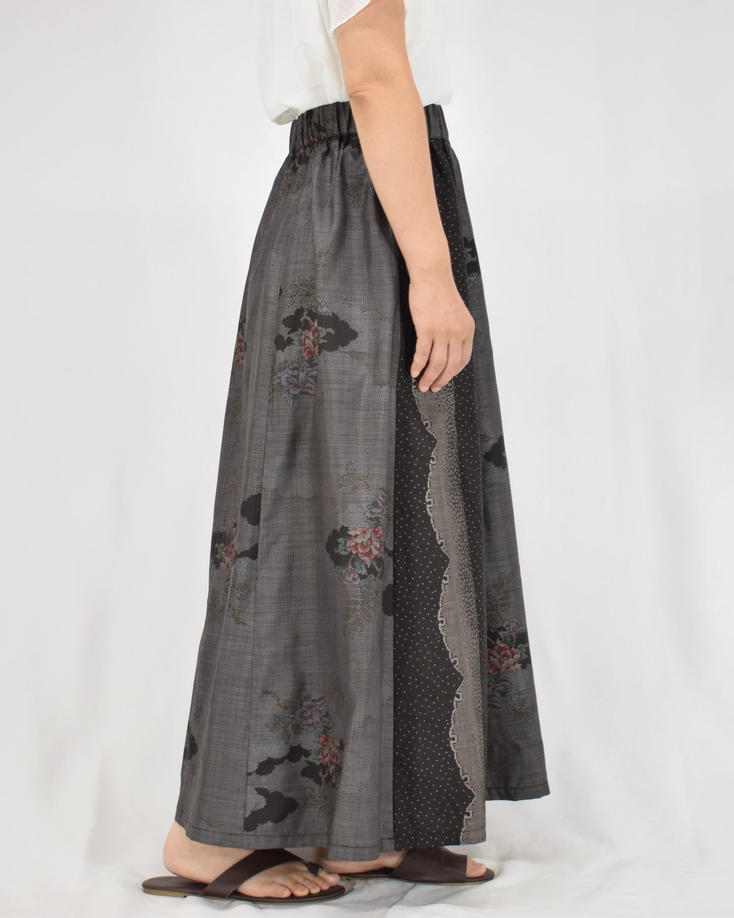 Six-Panel Skirt, Gray and Black Floral Motif, Upcycled Kimono Fabric