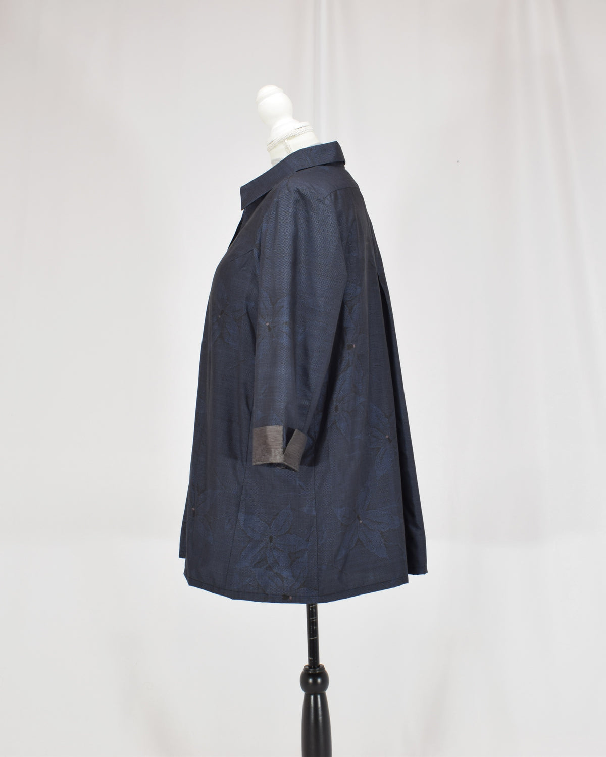 Open-Collar Tunic, Navy Botanical Motif, Upcycled Kimono Fabric