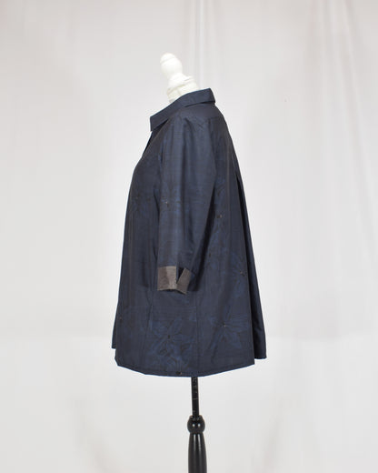 Open-Collar Tunic, Navy Botanical Motif, Upcycled Kimono Fabric