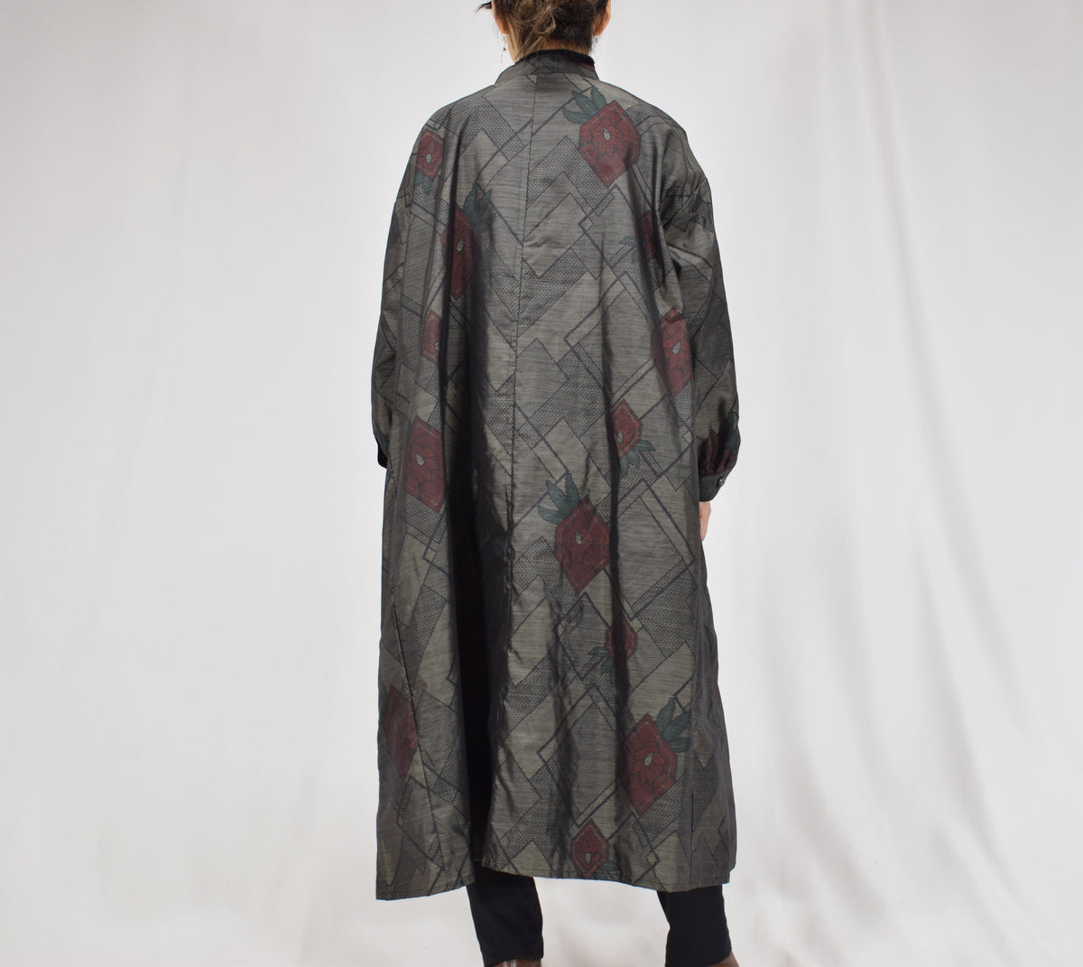 グレー 菱形と幾何学文様 ロングシャツワンピース 着物リメイク 一点物