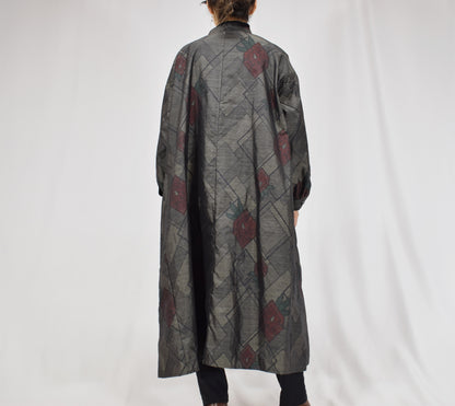 グレー 菱形と幾何学文様 ロングシャツワンピース 着物リメイク 一点物