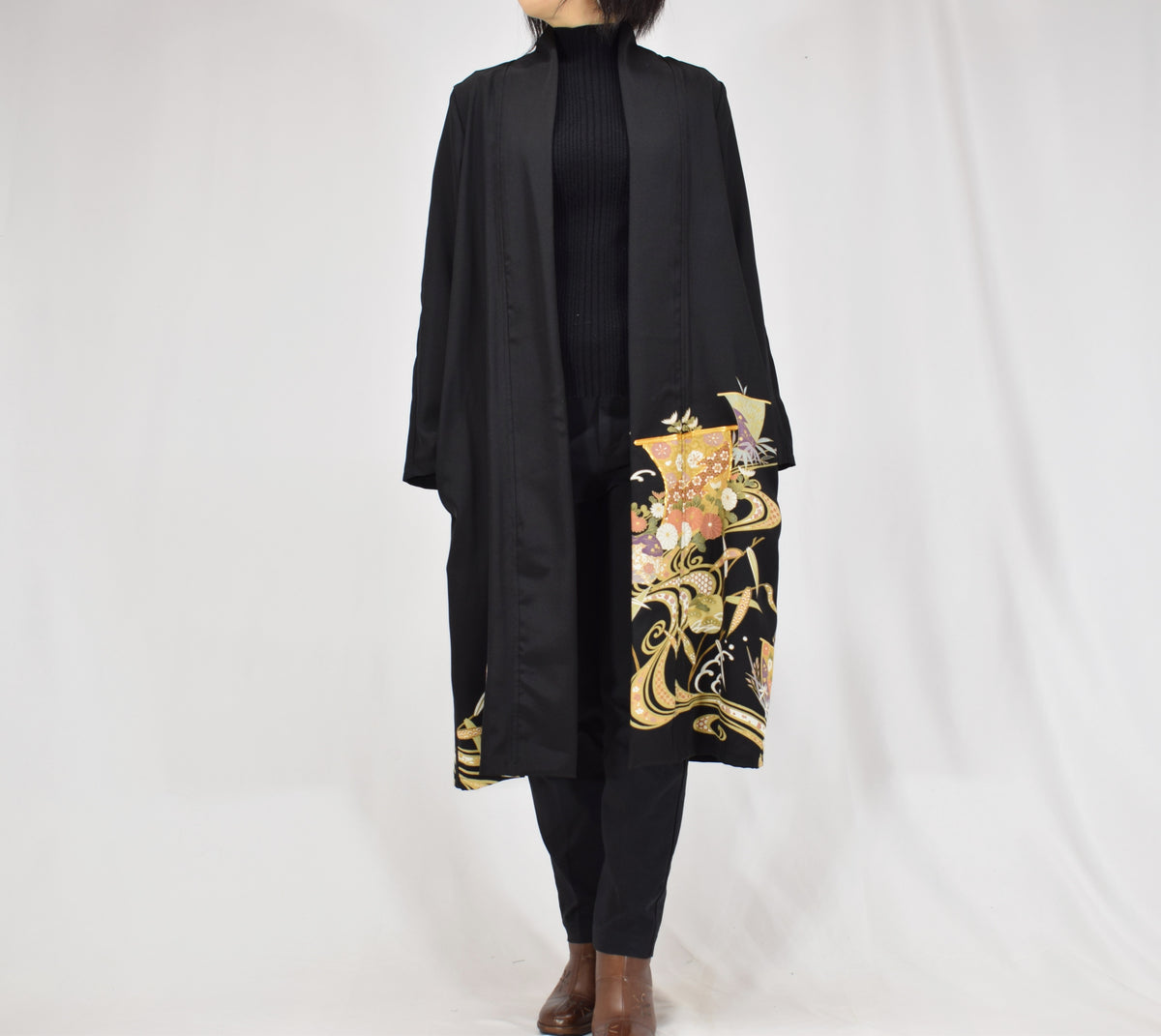 Haori Jacket, Black Classical and Floral Motifs, Upcycled Kimono Fabric