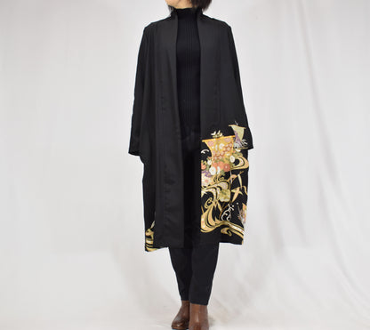 Haori Jacket, Black Classical and Floral Motifs, Upcycled Kimono Fabric