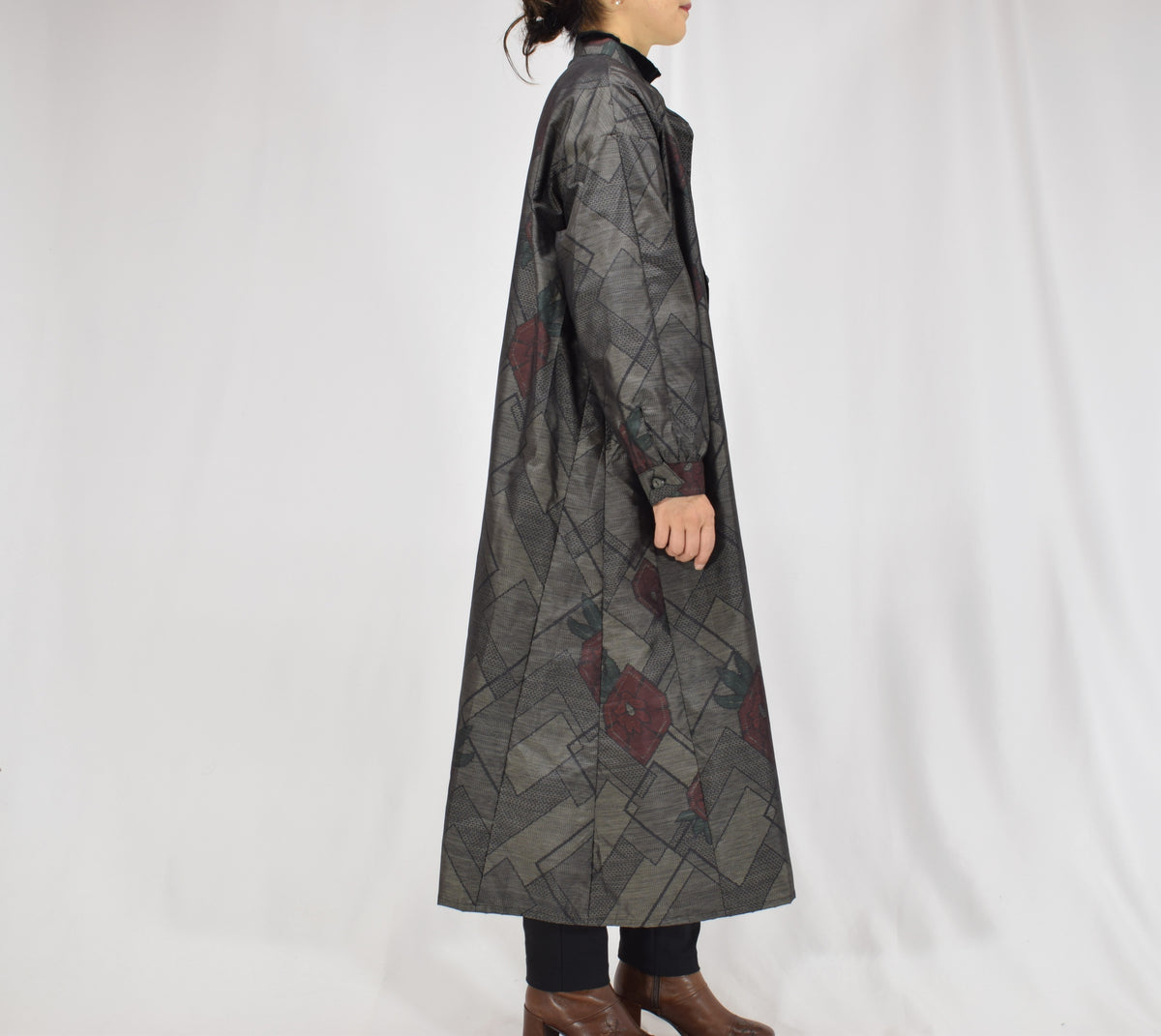 グレー 菱形と幾何学文様 ロングシャツワンピース 着物リメイク 一点物