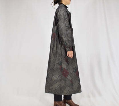 グレー 菱形と幾何学文様 ロングシャツワンピース 着物リメイク 一点物