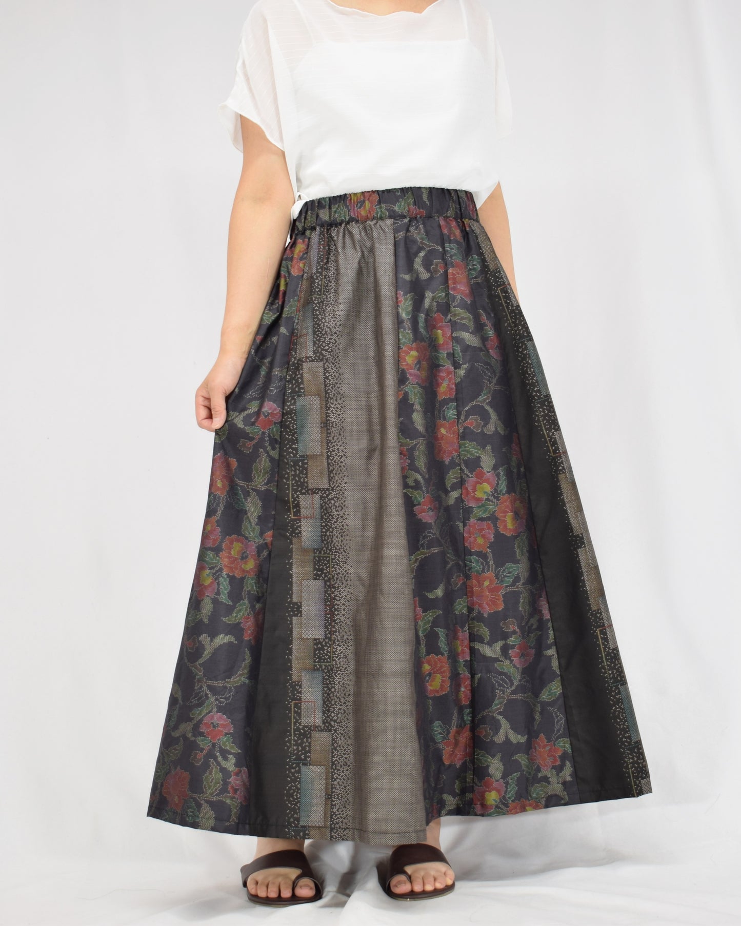 Six-Panel Skirt, Black and Gray Floral and Geometric Motifs, Upcycled Kimono Fabric