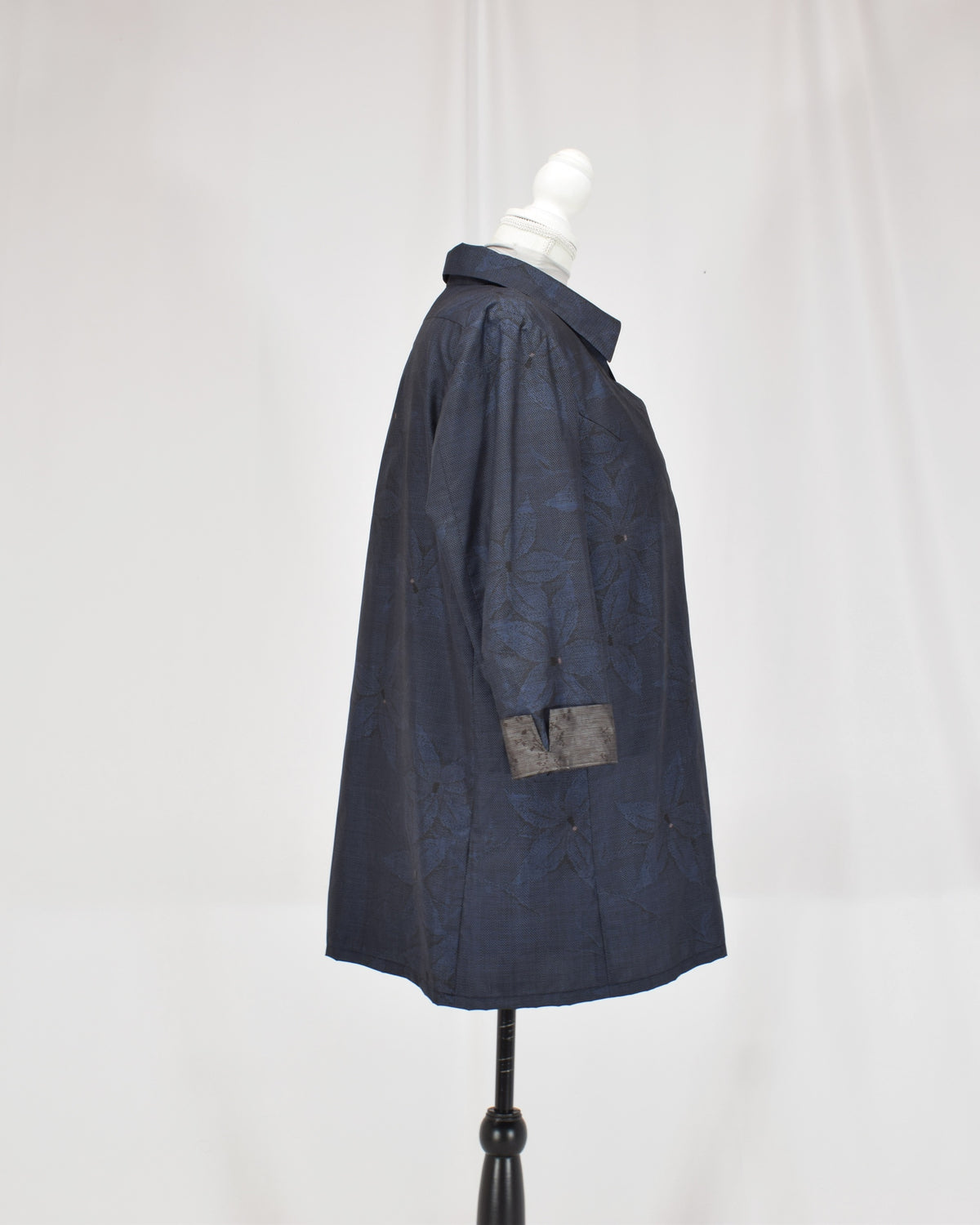 Open-Collar Tunic, Navy Botanical Motif, Upcycled Kimono Fabric