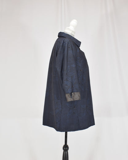 Open-Collar Tunic, Navy Botanical Motif, Upcycled Kimono Fabric