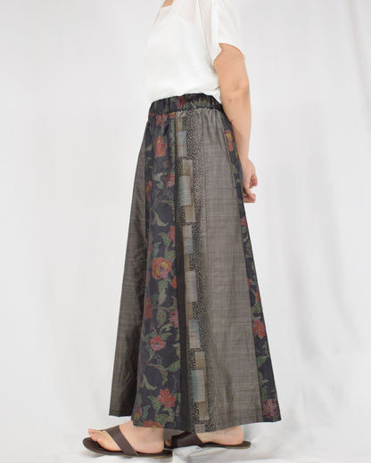 Six-Panel Skirt, Black and Gray Floral and Geometric Motifs, Upcycled Kimono Fabric