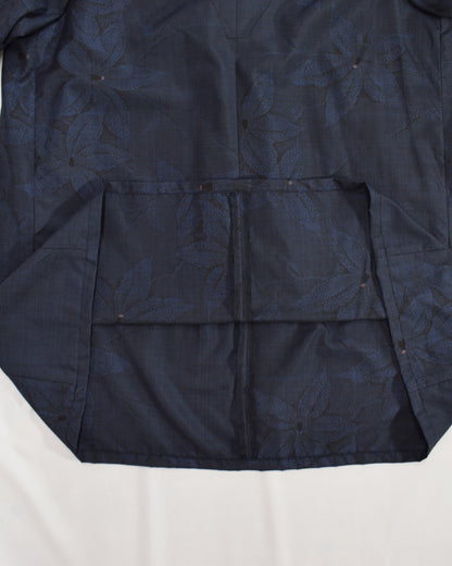 Open-Collar Tunic, Navy Botanical Motif, Upcycled Kimono Fabric