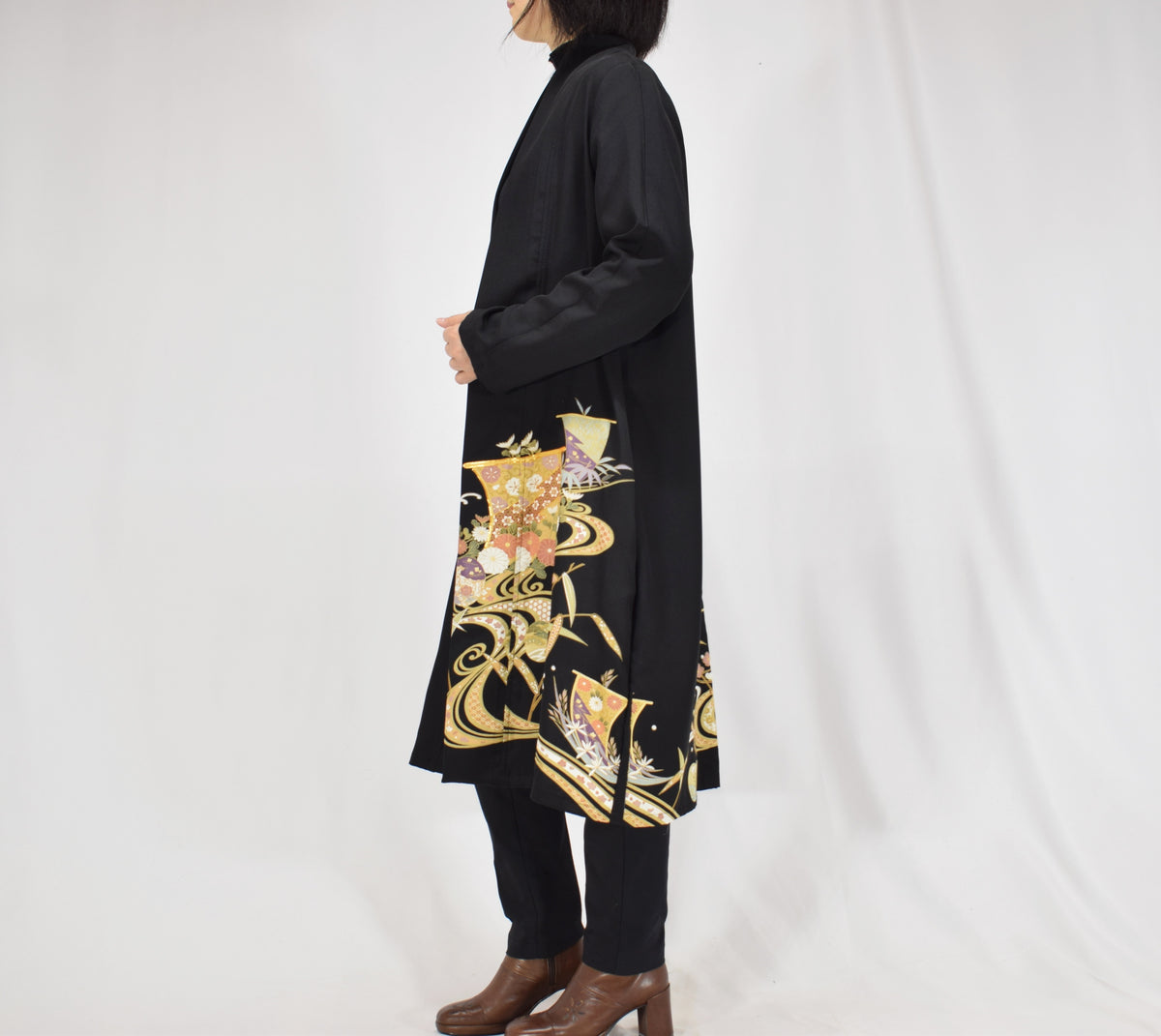 Haori Jacket, Black Classical and Floral Motifs, Upcycled Kimono Fabric