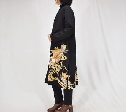 Haori Jacket, Black Classical and Floral Motifs, Upcycled Kimono Fabric