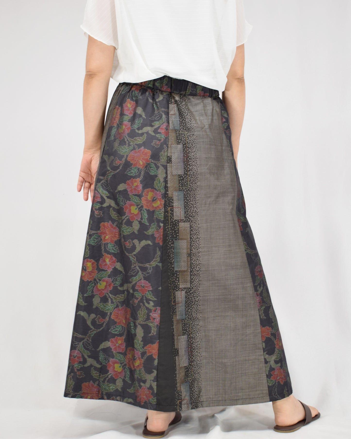 Six-Panel Skirt, Black and Gray Floral and Geometric Motifs, Upcycled Kimono Fabric