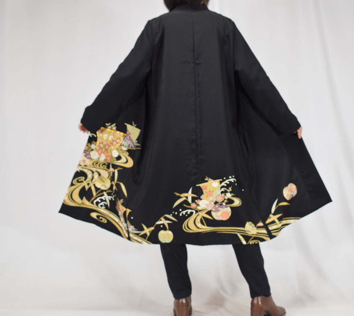 Haori Jacket, Black Classical and Floral Motifs, Upcycled Kimono Fabric