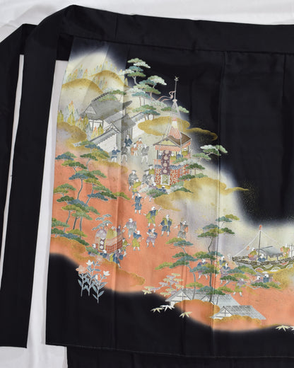 和の情景文様 巻きスカート 黒留袖リメイク 一点物