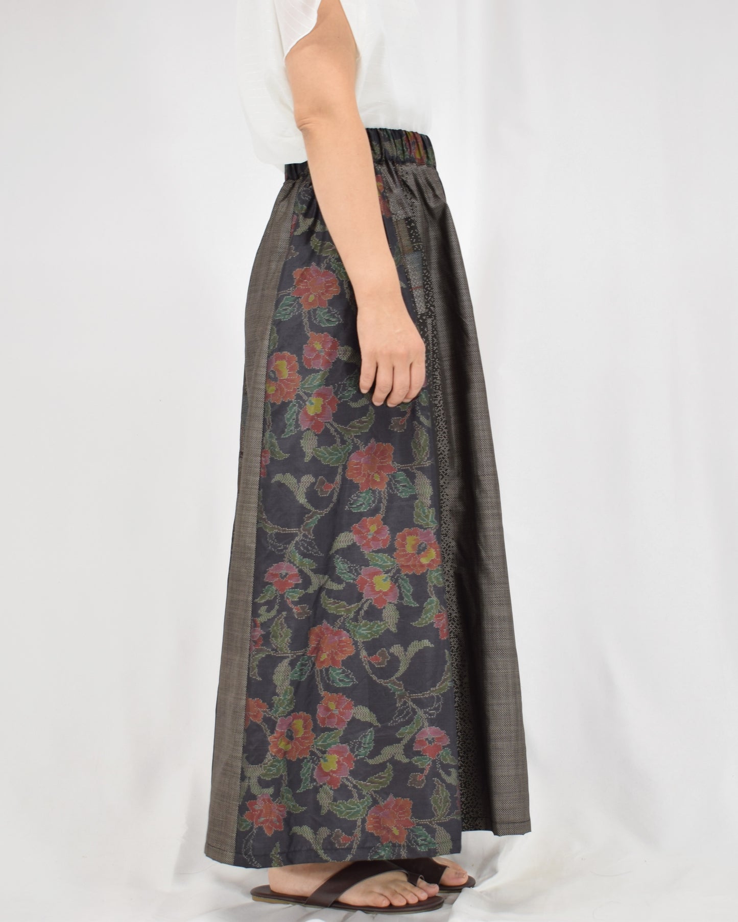 Six-Panel Skirt, Black and Gray Floral and Geometric Motifs, Upcycled Kimono Fabric