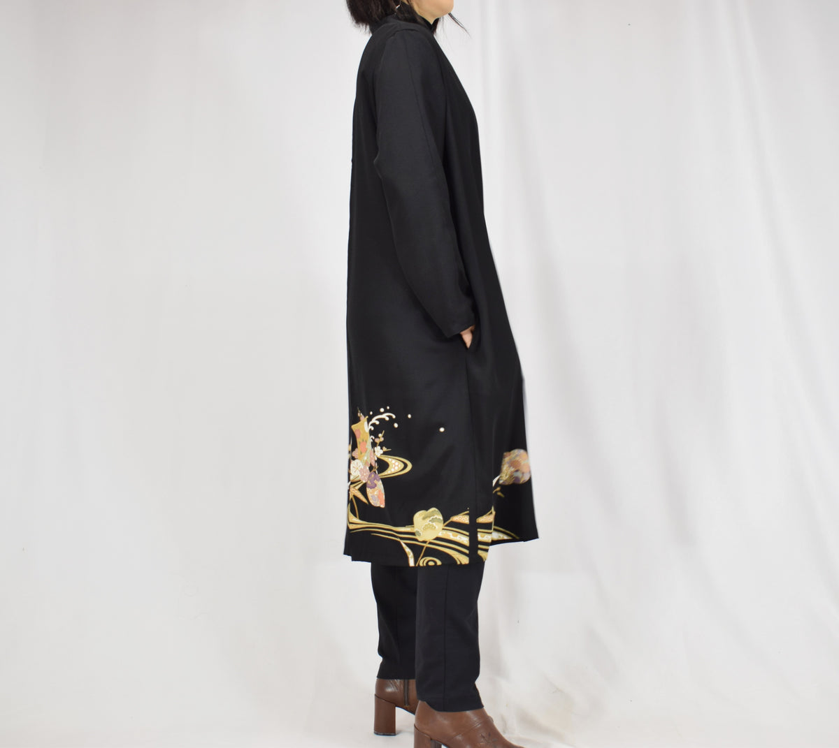 Haori Jacket, Black Classical and Floral Motifs, Upcycled Kimono Fabric