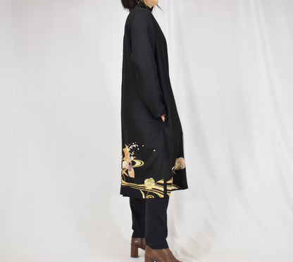 Haori Jacket, Black Classical and Floral Motifs, Upcycled Kimono Fabric