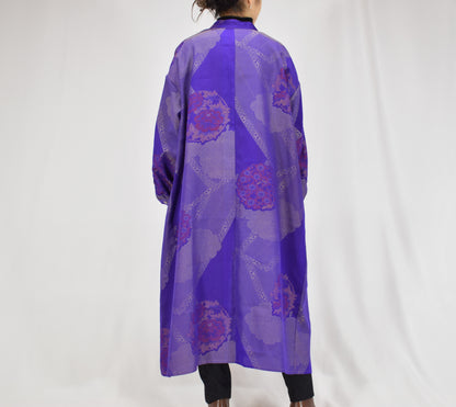 パープル 花丸と幾何学文様 ロングシャツワンピース 着物リメイク 一点物