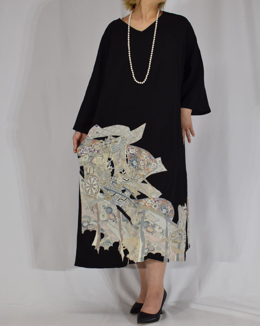 Elegant Kimono Dress, Pale Geometric and Floral Motif, Upcycled Tomesode Fabric