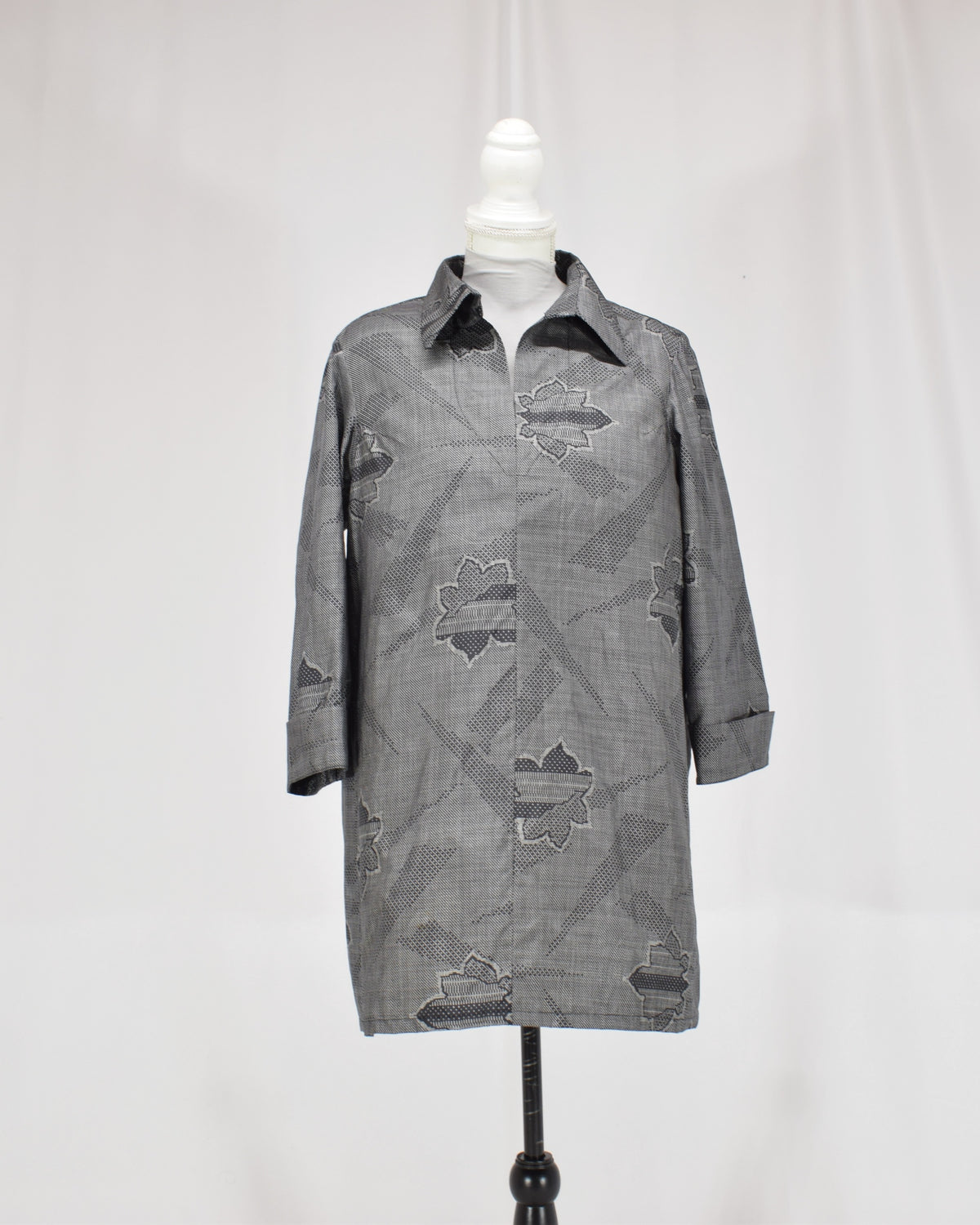 Open-Collar Tunic, Gray Geometric and Leaf Motifs, Upcycled Kimono Fabric