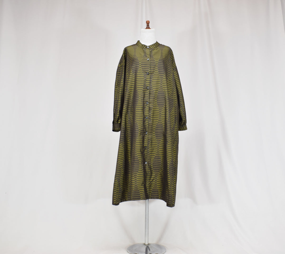 カーキ 幾何学縞文様 ロングシャツワンピース 着物リメイク 一点物