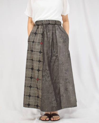 Six-Panel Skirt, Gray Geometric and Botanical Motifs, Upcycled Kimono Fabric