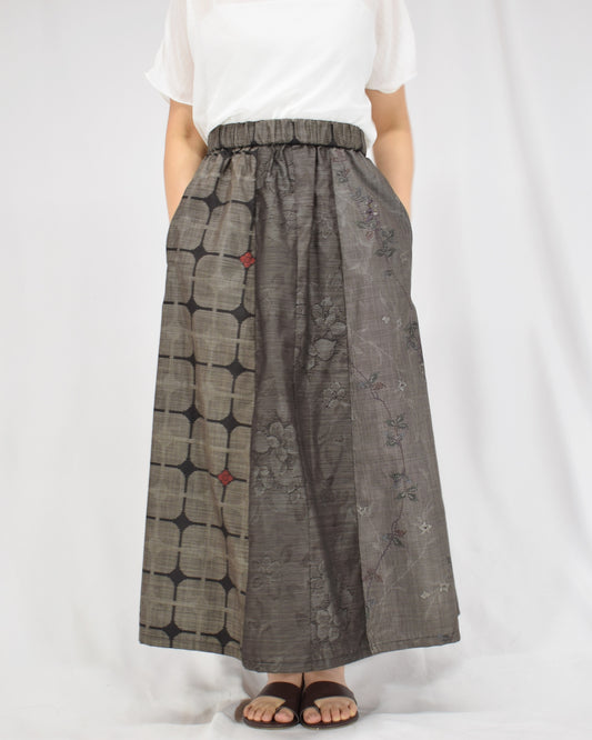 Six-Panel Skirt, Gray Geometric and Botanical Motifs, Upcycled Kimono Fabric