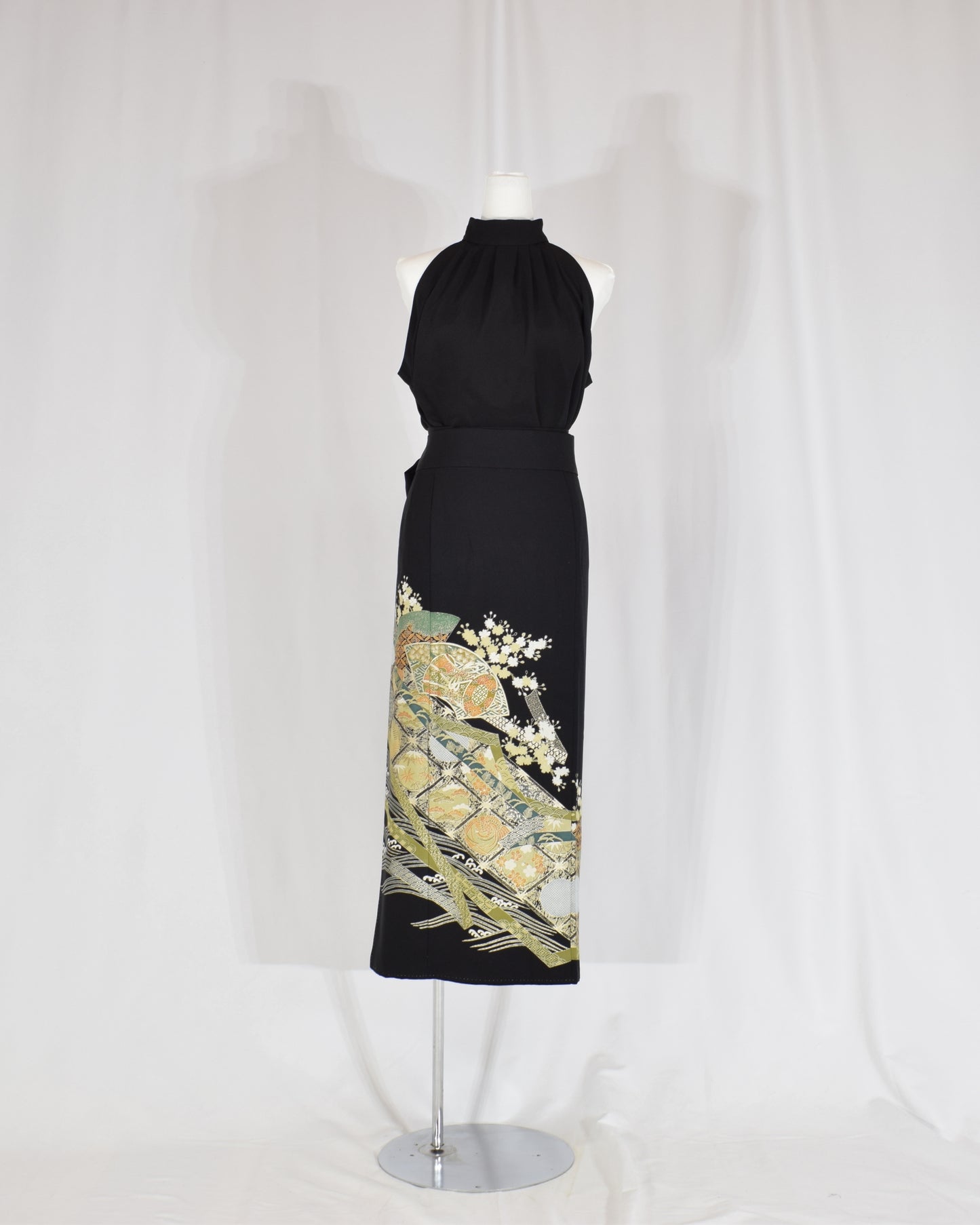 Wrap Skirt — Black Upcycled Kimono Fabric with Branch Blossom Motif