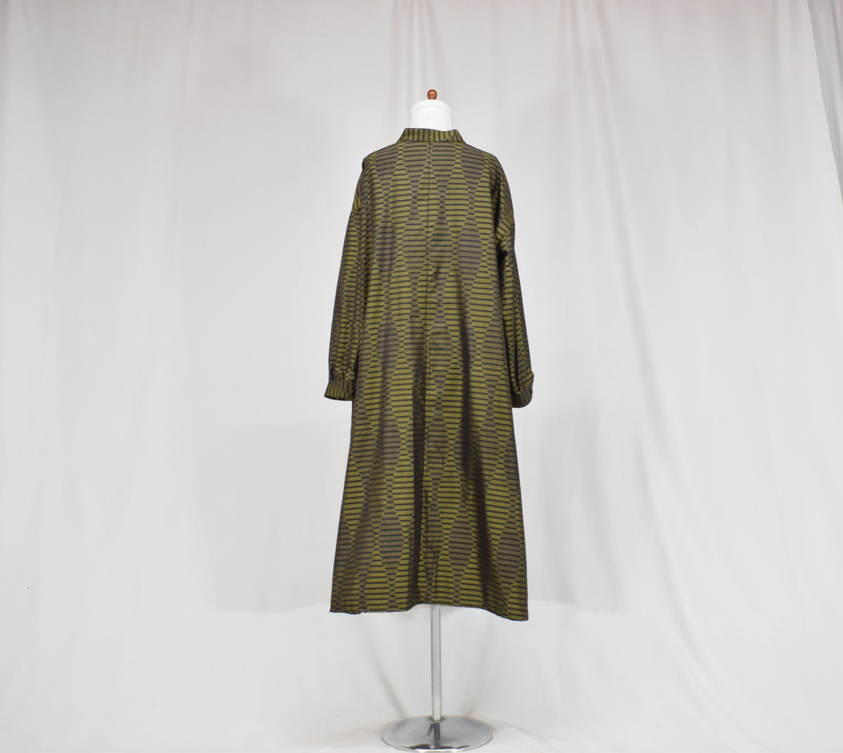 カーキ 幾何学縞文様 ロングシャツワンピース 着物リメイク 一点物