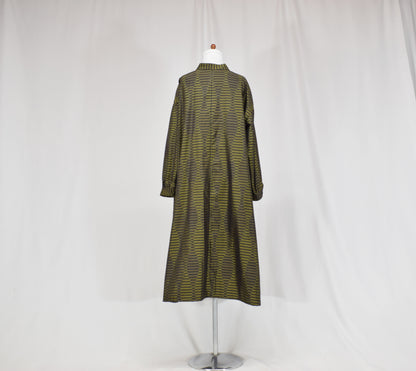 カーキ 幾何学縞文様 ロングシャツワンピース 着物リメイク 一点物