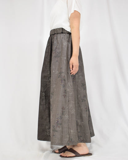 Six-Panel Skirt, Gray Geometric and Botanical Motifs, Upcycled Kimono Fabric