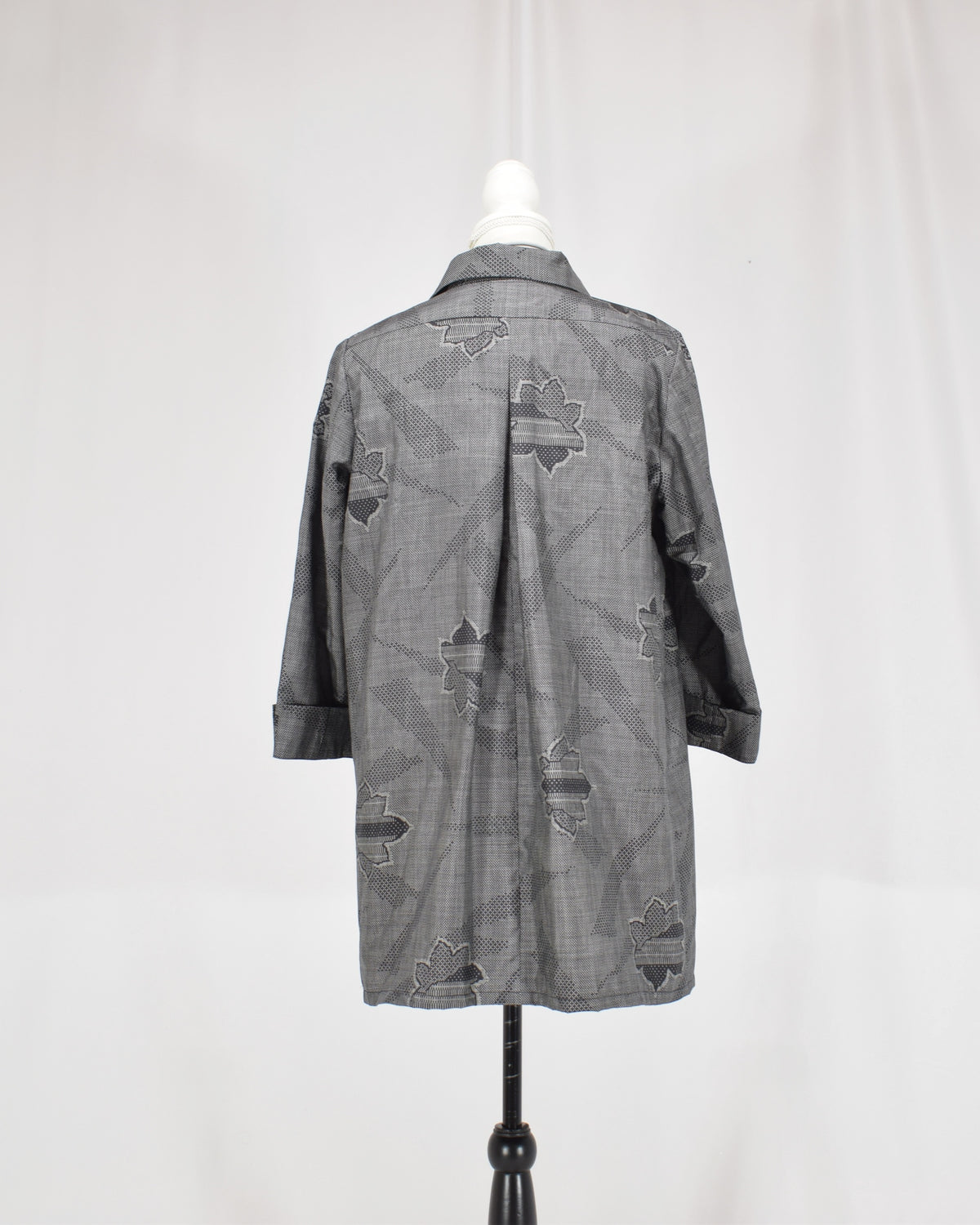 Open-Collar Tunic, Gray Geometric and Leaf Motifs, Upcycled Kimono Fabric