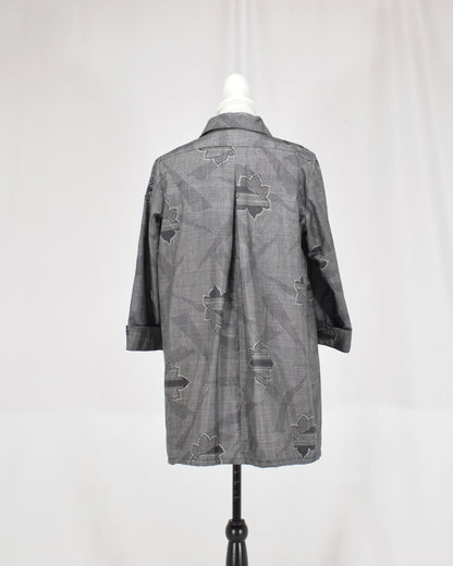 Open-Collar Tunic, Gray Geometric and Leaf Motifs, Upcycled Kimono Fabric