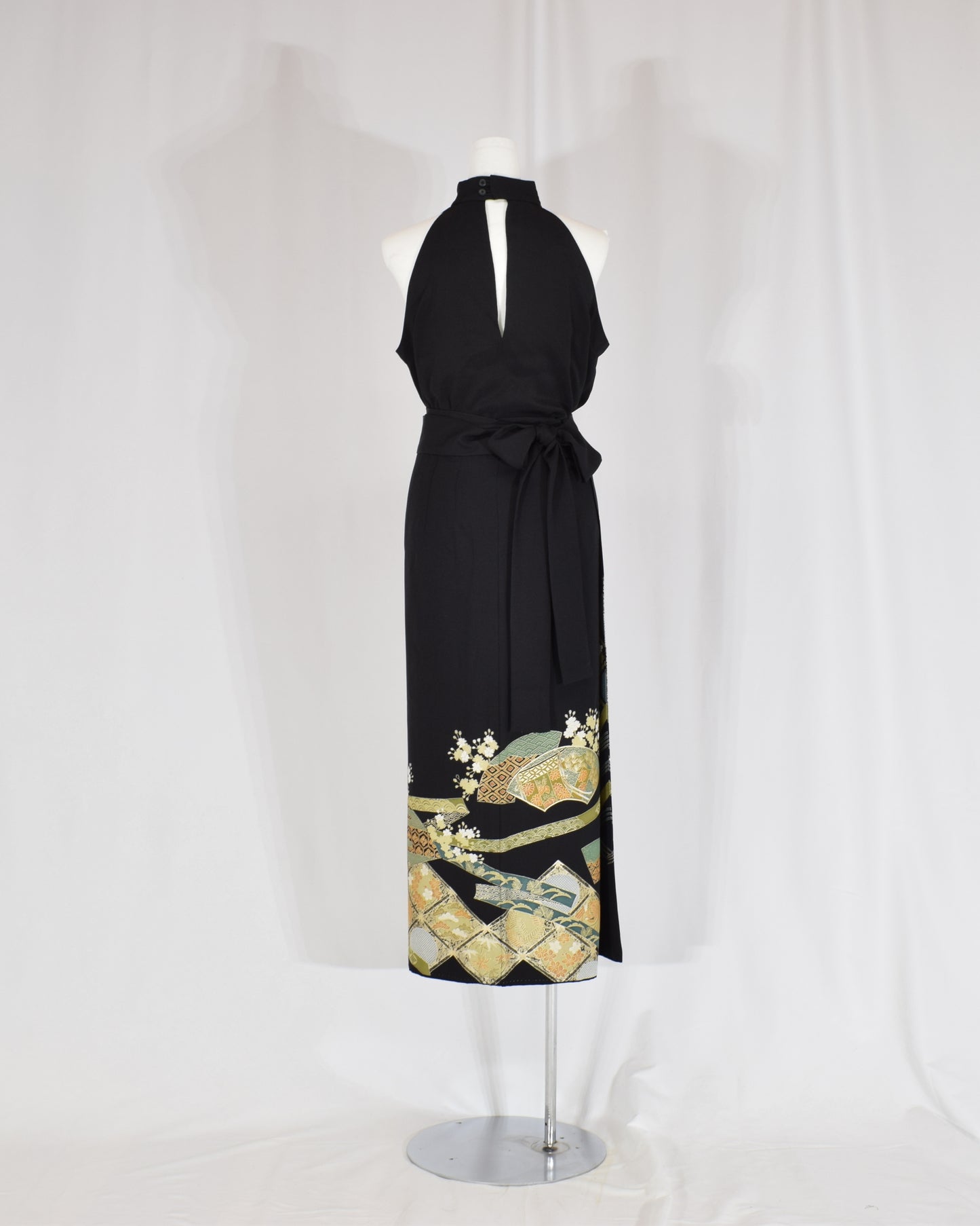 Wrap Skirt — Black Upcycled Kimono Fabric with Branch Blossom Motif