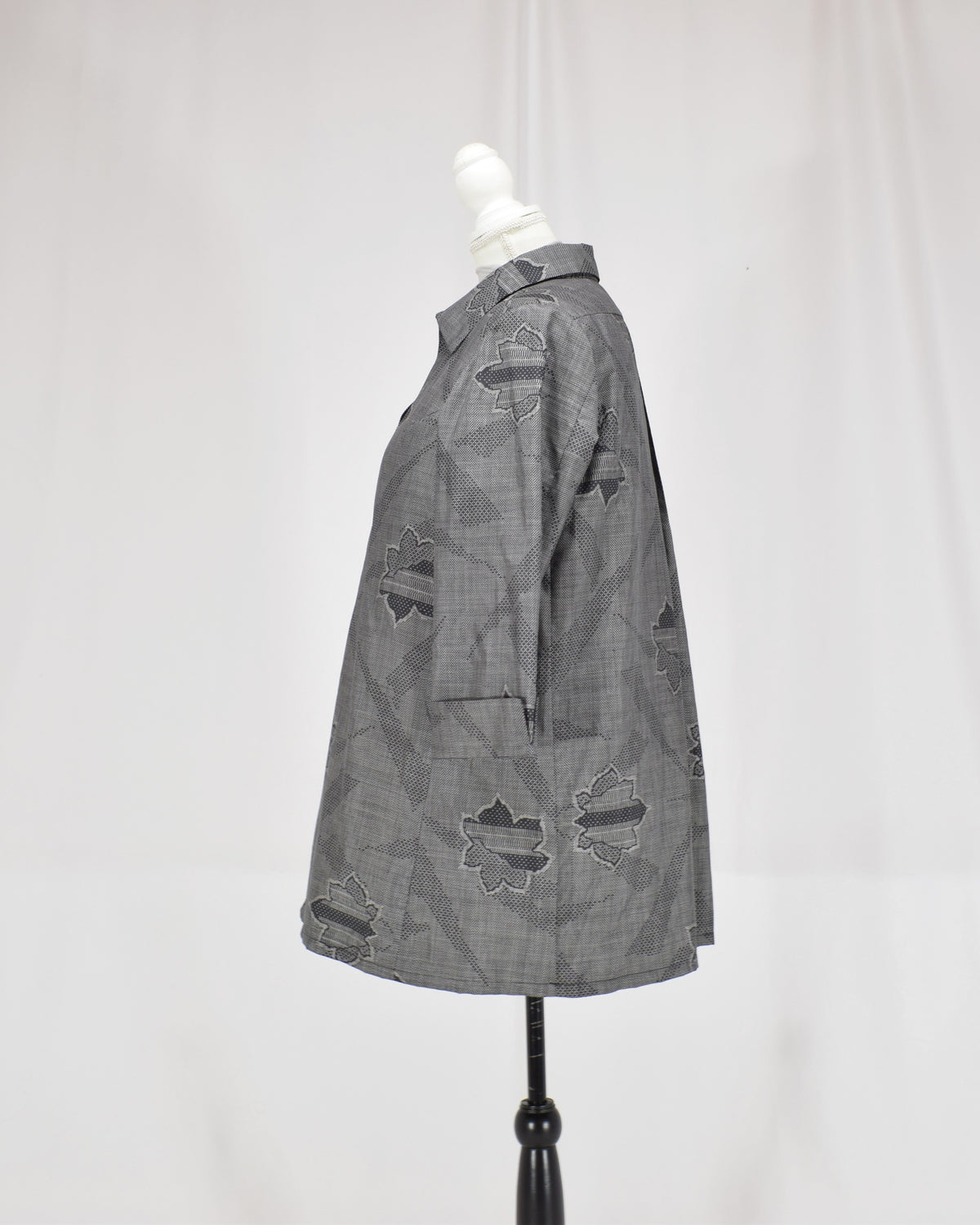 Open-Collar Tunic, Gray Geometric and Leaf Motifs, Upcycled Kimono Fabric