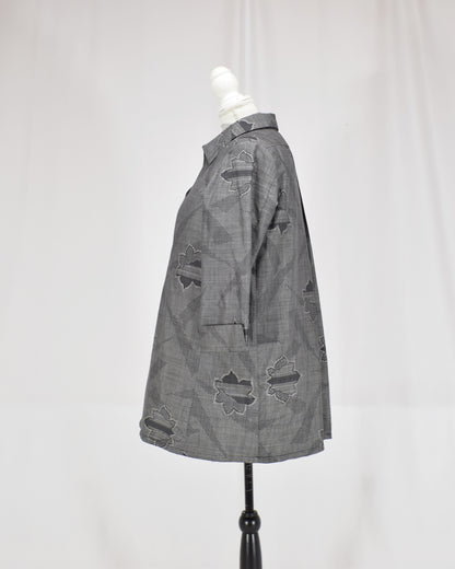Open-Collar Tunic, Gray Geometric and Leaf Motifs, Upcycled Kimono Fabric
