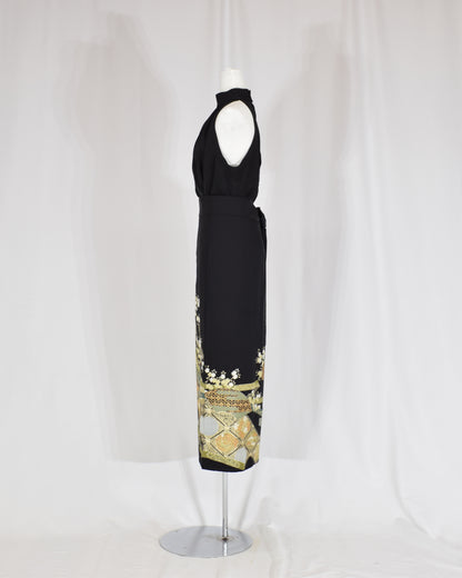 Wrap Skirt — Black Upcycled Kimono Fabric with Branch Blossom Motif